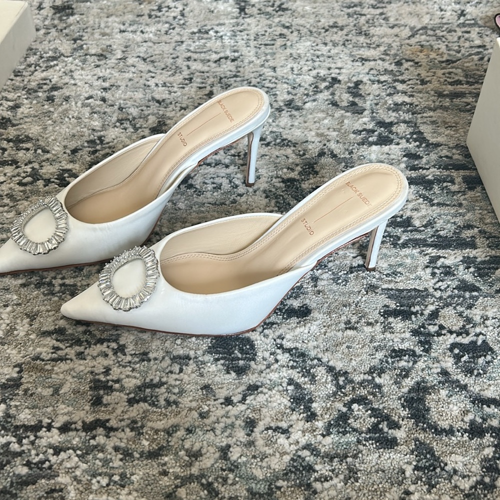 Black Suede Studio White Mules with Crystal Embellishment Wedding leather - Picture 2 of 8